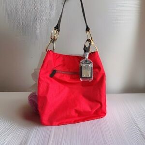 Bobby Schandra Red Black Purse Gold Hand Bag Buckle Canvas Hobo Shoulder New